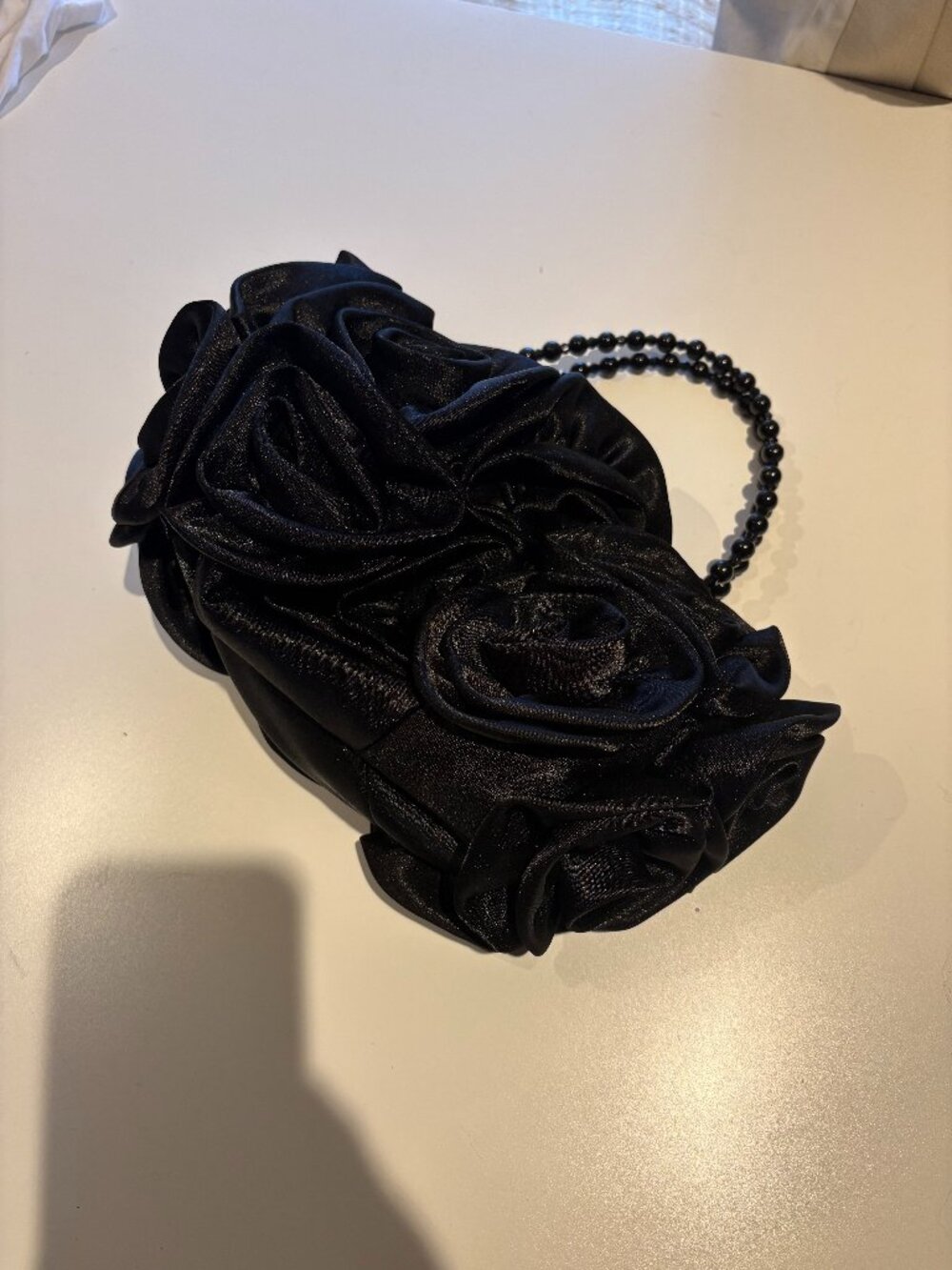 Black Satin Rosette Clutch with Beaded Handles